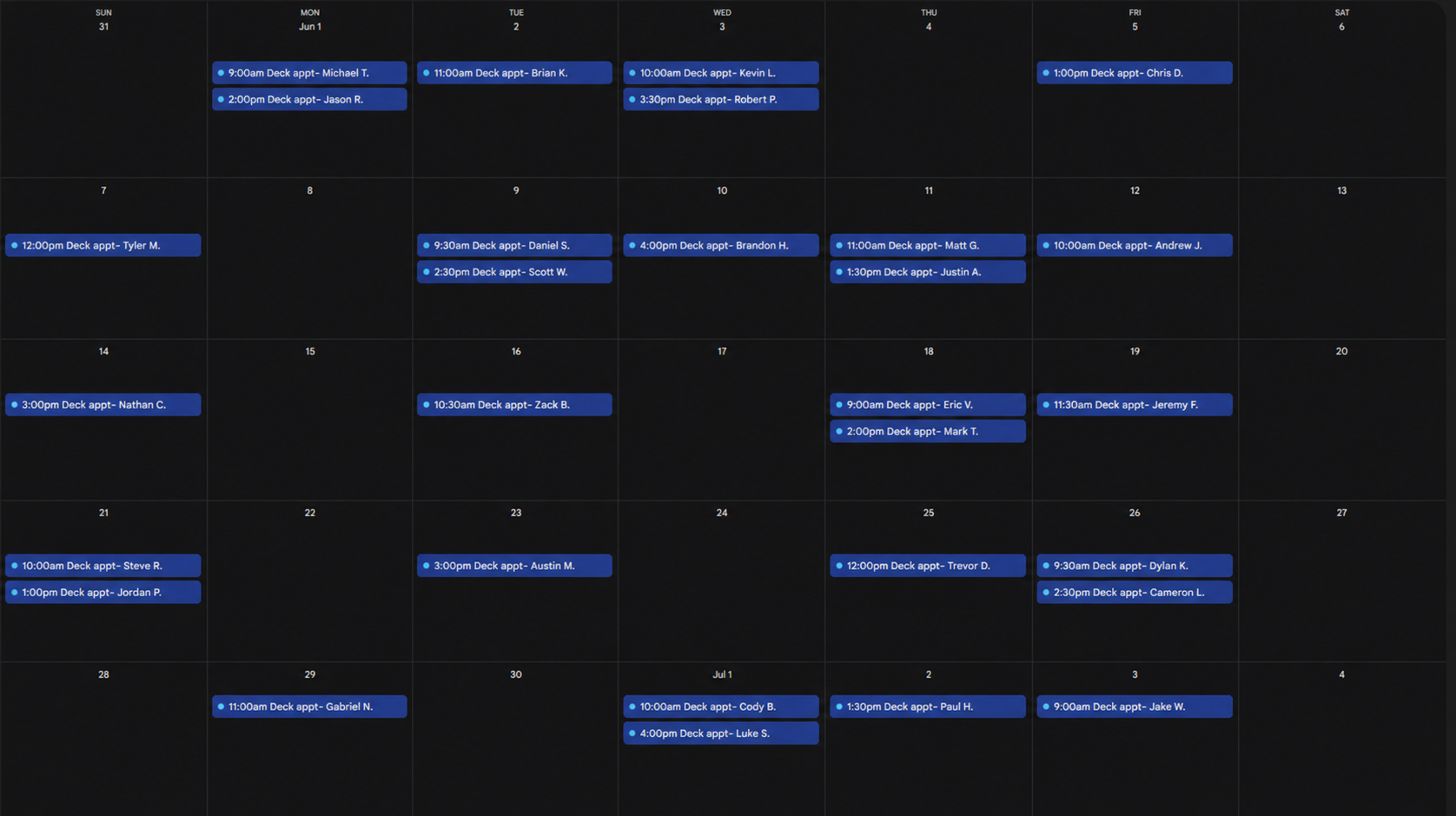 Calendar screenshot showing multiple booked deck appointments throughout the week