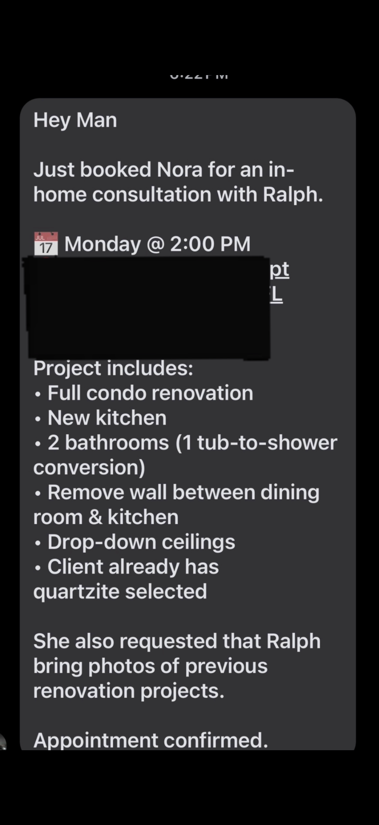 Text message confirming Nora's in-home consultation booking with Ralph for a full condo renovation worth over $60,000