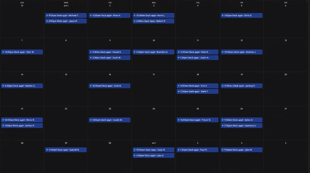 Calendar screenshot showing multiple booked deck appointments throughout the week